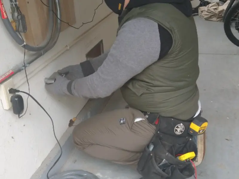 Electrician performing outlet wiring in a Sherwood garage